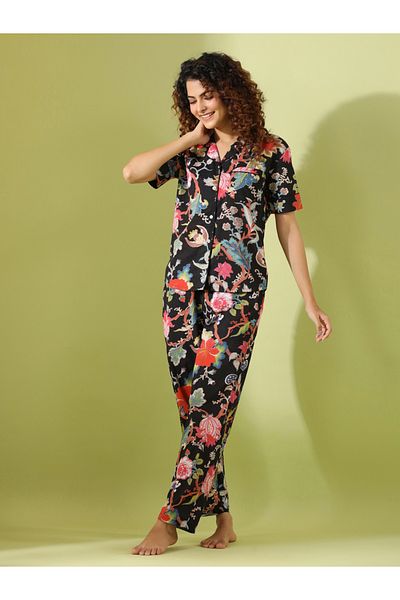 Sanskrutihomes By Styli Women Floral Printed Pure Cotton Shirt and Pyjama Set