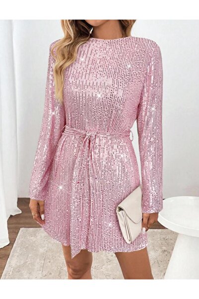 Styling Park Kuşak Detaylı Uzun Kol Mini Pul Payet Elbise