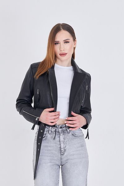 By Marki Marki Women's Black Genuine Leather Crop Jacket – Biker Style, Double Breasted Collar, Belted, 52 cm - 117622
