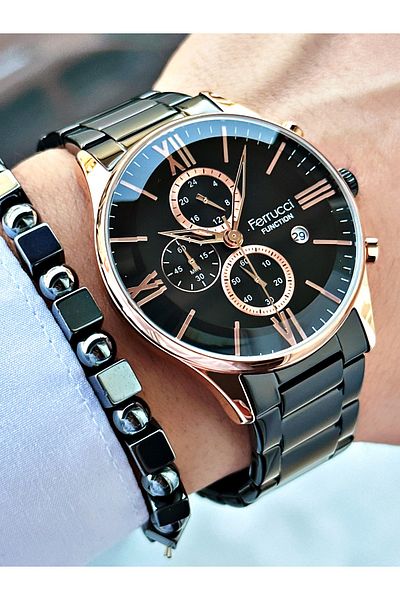 Ferrucci Ferrucci̇ Function Rose Numerical Black Dial Black Metal Men's Watch with Calendar
