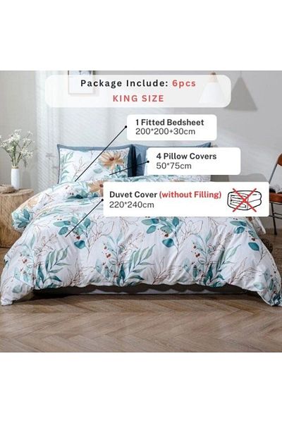 LUNA HOME King size 6 pieces, Leaves design pearl white color, Bedding Set