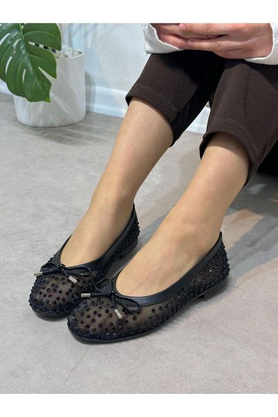 ERVANIN BUTİĞİ Black Tulle (Ferry) Bow Stone Detail Round Toe Women's Ballerinas