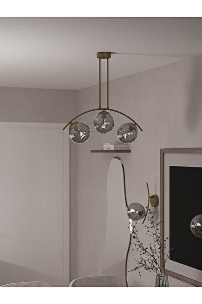 avizade LAL Yay Formlu Şık 3’lü Avize | Eskitme Gövde ve Bal Cam Küre – Moder...