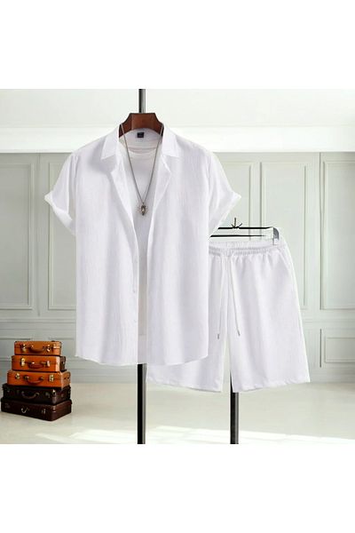 Fifty Color Alaçatı Style Men's Short Sleeve Shirt and Shorts Wrap Crinkle Suit