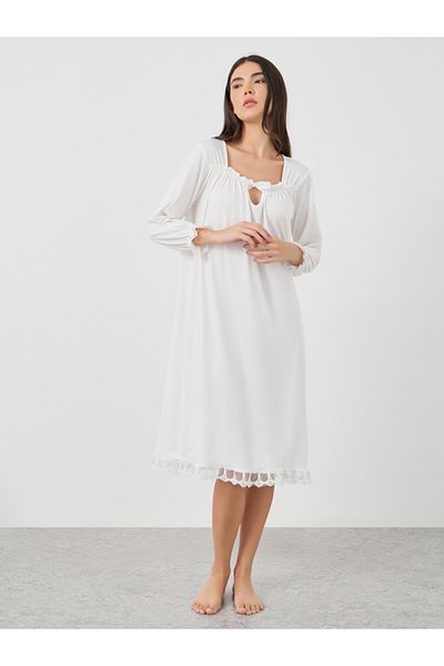 Styli Solid Lace Trim Long Sleeve Nightdress