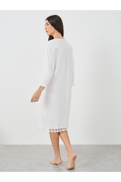 Styli Solid Lace Trim Long Sleeve Nightdress