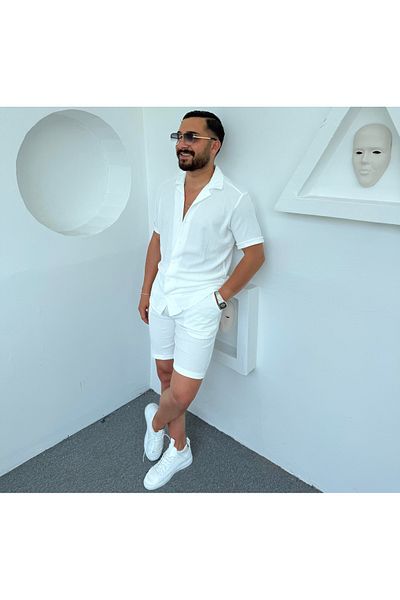 Fifty Color Alaçatı Style Men's Short Sleeve Shirt and Shorts Wrap Crinkle Suit