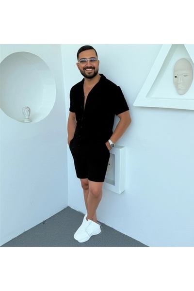 Fifty Color Alaçatı Style Men's Short Sleeve Shirt and Shorts Wrap Crinkle Suit