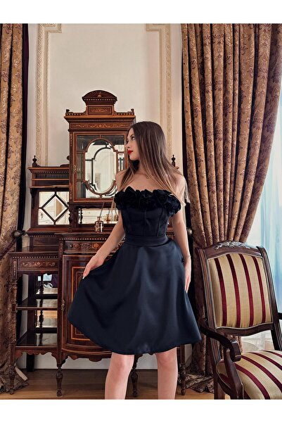 OYKUWEAR Hankel Korseli Gül Detay Kemerli Siyah Kısa Abiye