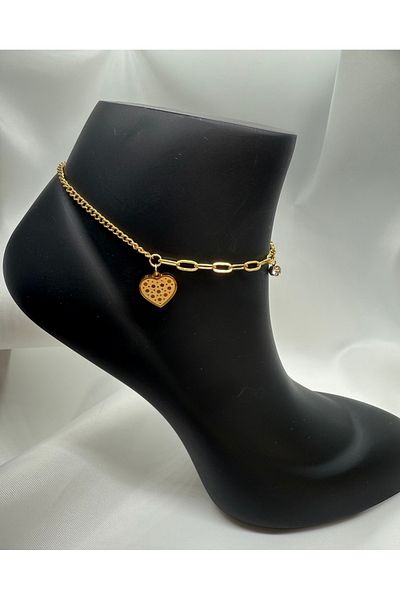 Mila Lumiere Minimal Stylish Gold Gold Color Steel Anklet with Zircon Stone Detailed Heart