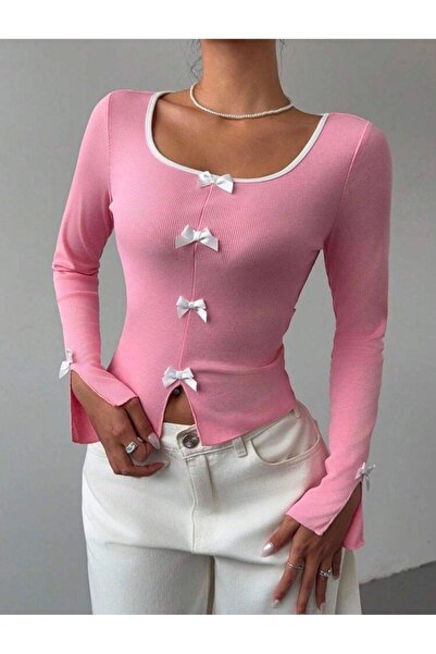 Violon Pembe Ribbon Dekolteli Uzun Kollu Crop