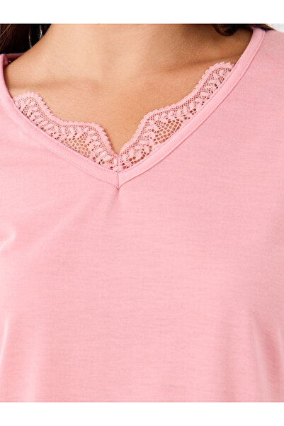 Styli Lace Insert V Neck T-Shirt and Lemon Print Pyjama Set