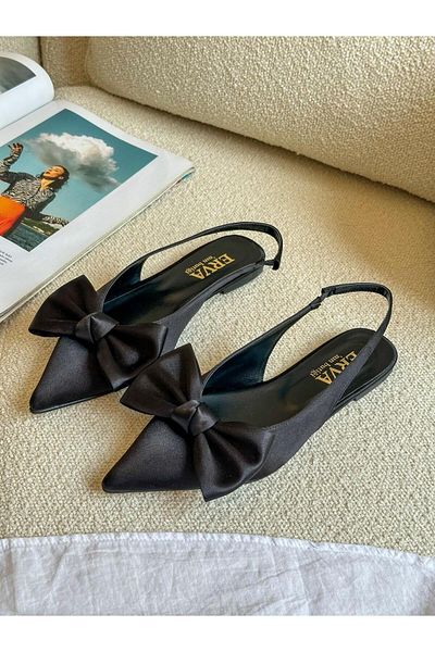 ERVANIN BUTİĞİ Black Satin (Miva) Ribbon Detail Elastic Women's Ballerinas