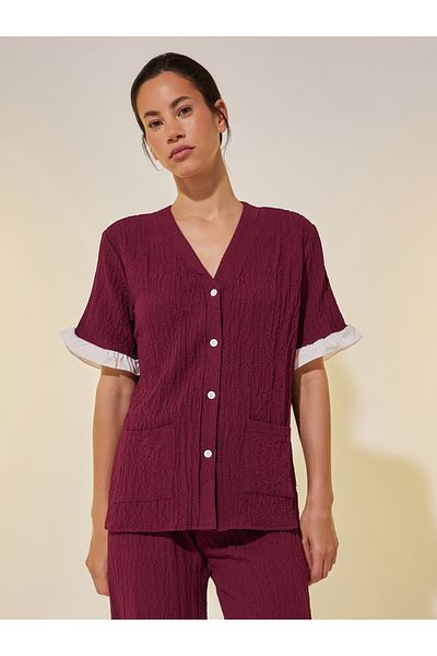Styli Textured V-Neck Buttoned Shirt and Pyjama Set