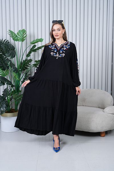 EL jadida Women's Embroidered Plus Size Long Viscose Dress Black