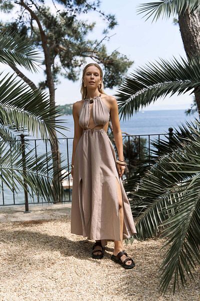 BOHEMAİ Bunina Lace Bead Detail Mink Long Dress