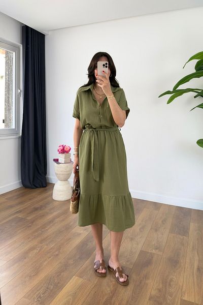 BİRCANÇİL Alia Khaki Belted Lined Midi Dress