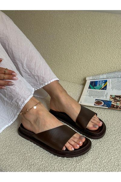 ERVANIN BUTİĞİ Brown Skin (Oliva) Women's Slippers