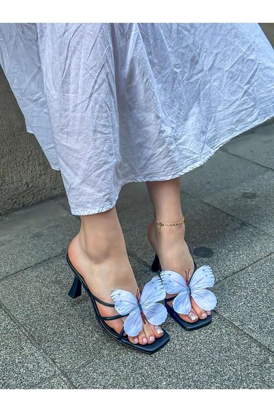 ERVANIN BUTİĞİ Black Skin (Butter) White Butterfly Heeled Women's Slippers