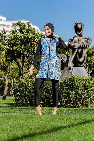 Ruko Maio Women's Blue Patterned Parachute Fabric Zippered Full Hijab Swimsuit C8T5N2O52-1