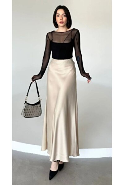 Ezva Stílusos szatén öv elasztikus 100 cm kiszélesedő maxi hosszúságú szoknya KRÉM SZÍN