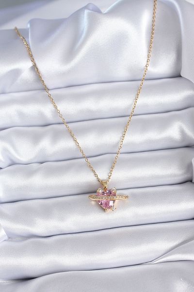 Skygo Gold Colored 316L Steel - Pink Crystal and Zircon Stone Detailed Heart Model Women's Necklace - TJ-BKO7747