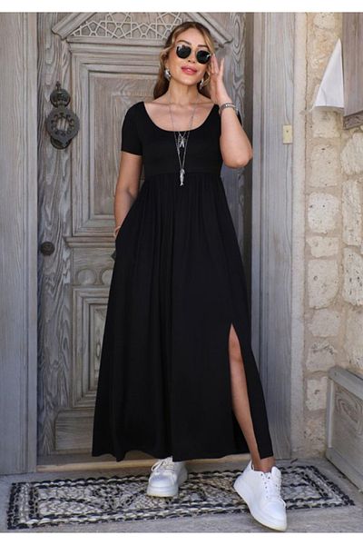 Little Visqon Women's Short Sleeve Round Neck Front Slit Pocket Viscose Long Dress