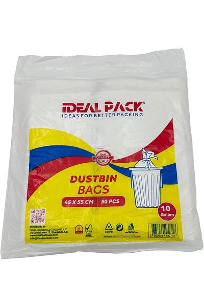 Ideal Pack White Dust Bin Bags – 10 Gallon | 45 x 55 cm | 50 Pieces | Strong, Leak-Proof Trash Bag