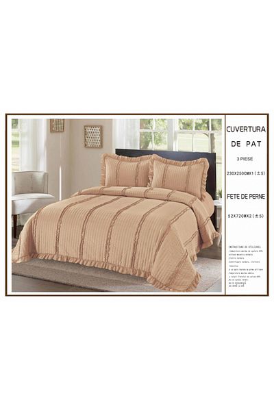 FIONNA.RO 3-Piece Plain Quilt With Ruffles Cotton Quilt - Capuccino Beige
