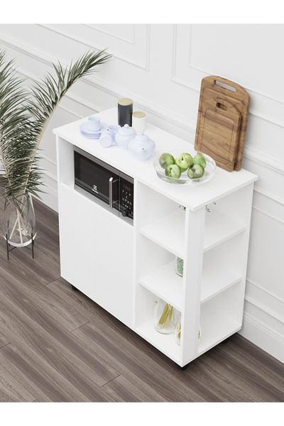 ATELIER 2 Kapaklı 3 Raflı Tekerlekli Mikrodalga Fırın Dolabı Çok Amaçlı Dolap