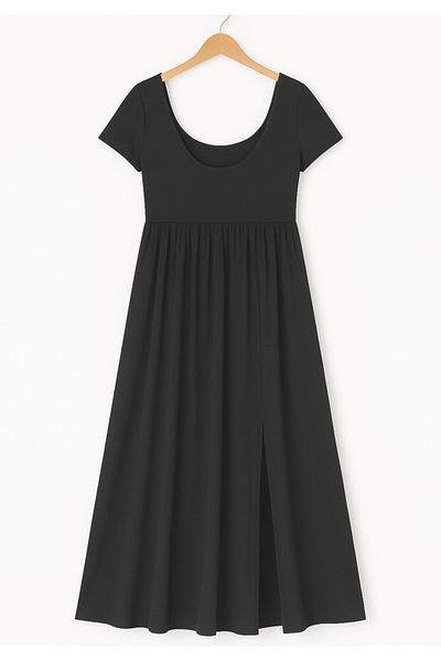 Little Visqon Women's Short Sleeve Round Neck Front Slit Pocket Viscose Long Dress