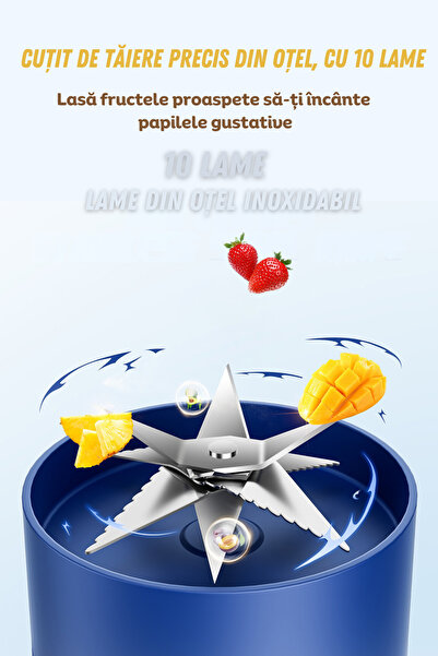 clickzu Blender portabil cu 10 lame de tăiere pentru smoothie-uri, sucuri și piureuri, capacitate 400 ml,