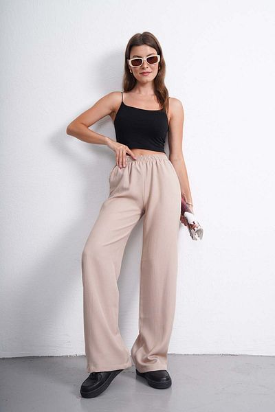 Gülmude High Waist Elastic Wide Leg Casual Fabric Trousers