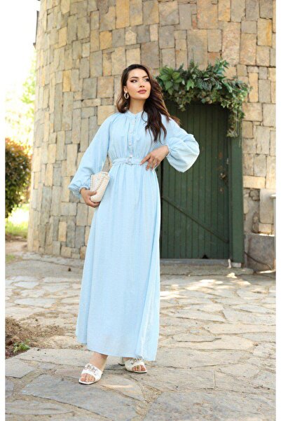 Dadali DADALİ HAKİM YAKA KEMERLİ BALON KOL ELBİSE BEBE MAVİSİ