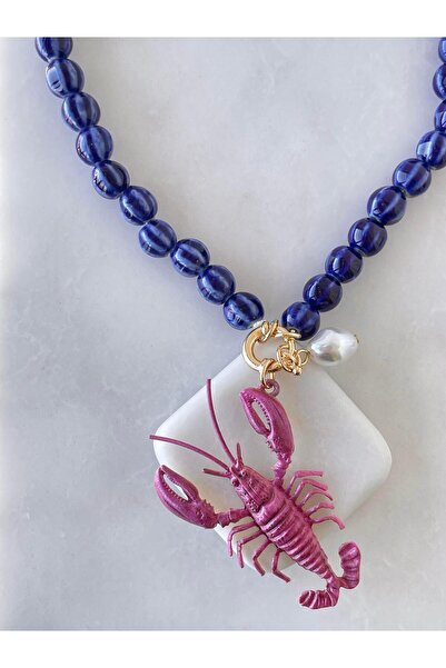Seda Bijuteri Blue Beaded Lobster Necklace Gold