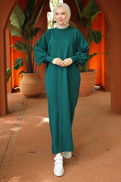 hafsamina Balloon Sleeve Knitwear Dress Emerald Hm2522