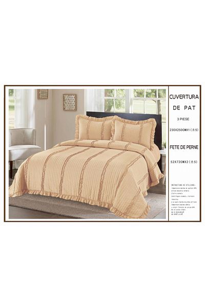 FIONNA.RO 3-Piece Plain Quilt With Ruffles Quilted Cotton - Nature Beige