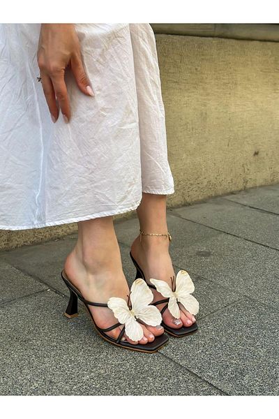 ERVANIN BUTİĞİ Brown Skin (Butter) Beige Butterfly Heeled Women's Slippers