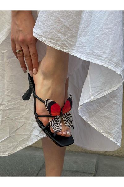 ERVANIN BUTİĞİ Black Skin (Butter) White Red Butterfly Heeled Women's Slippers