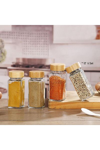 Altabi Set of 12 Glass Spice Jars with Bamboo Lid and Label Gift