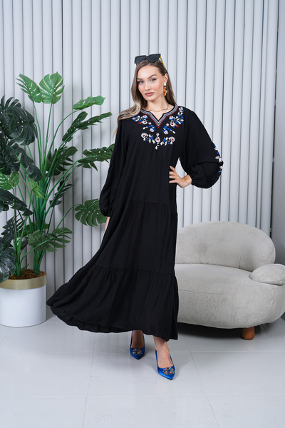 EL jadida Γυναικείο Κεντημένο Μακρύ Φόρεμα Βισκόζης Μαύρο