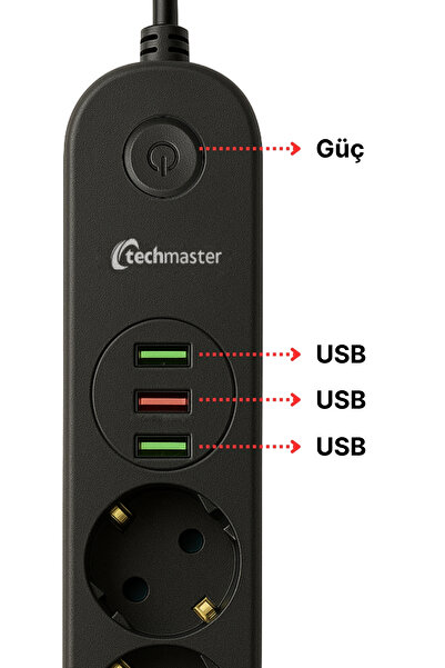 Techmaster 3 Usbli Akım ve Çocuk Korumalı 4lü Priz 2mt Siyah