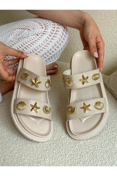 ERVANIN BUTİĞİ Beige Skin (Sorry) Gold Seashell Slippers