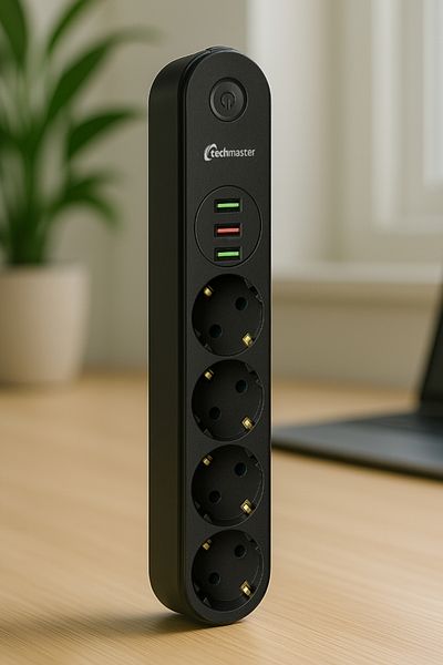 Techmaster 3 USB Current Child Proof 4 Socket Socket 2Mt Black
