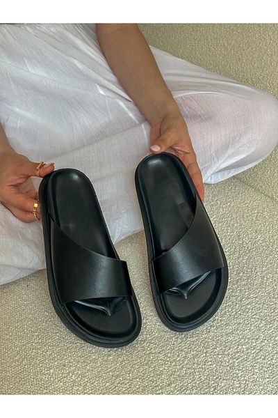 ERVANIN BUTİĞİ Black Skin (Oliva) Women's Slippers