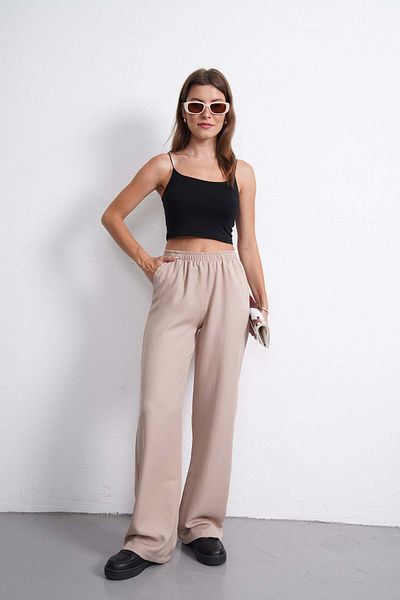 Gülmude High Waist Elastic Wide Leg Casual Fabric Trousers