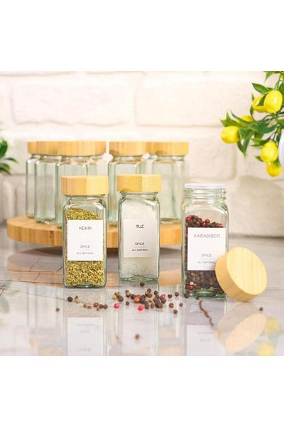 Altabi Set of 12 Glass Spice Jars with Bamboo Lid and Label Gift