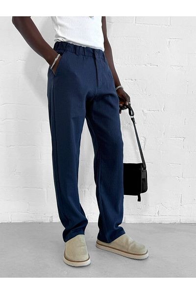 ablukaonline Men's Seersucker Regular Fit Trousers Navy Blue