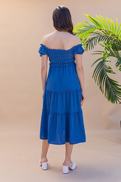 HARMONY GLOBAL Rochie de lungime midi cu guler pătrat cu detaliu de șnur albastru în straturi – cu volane, mâneci balon, casual de vară 5910