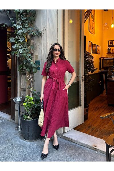 PİNK FLY Rochie din bumbac importat cu model de flori de croton, cu buzunar și curea
